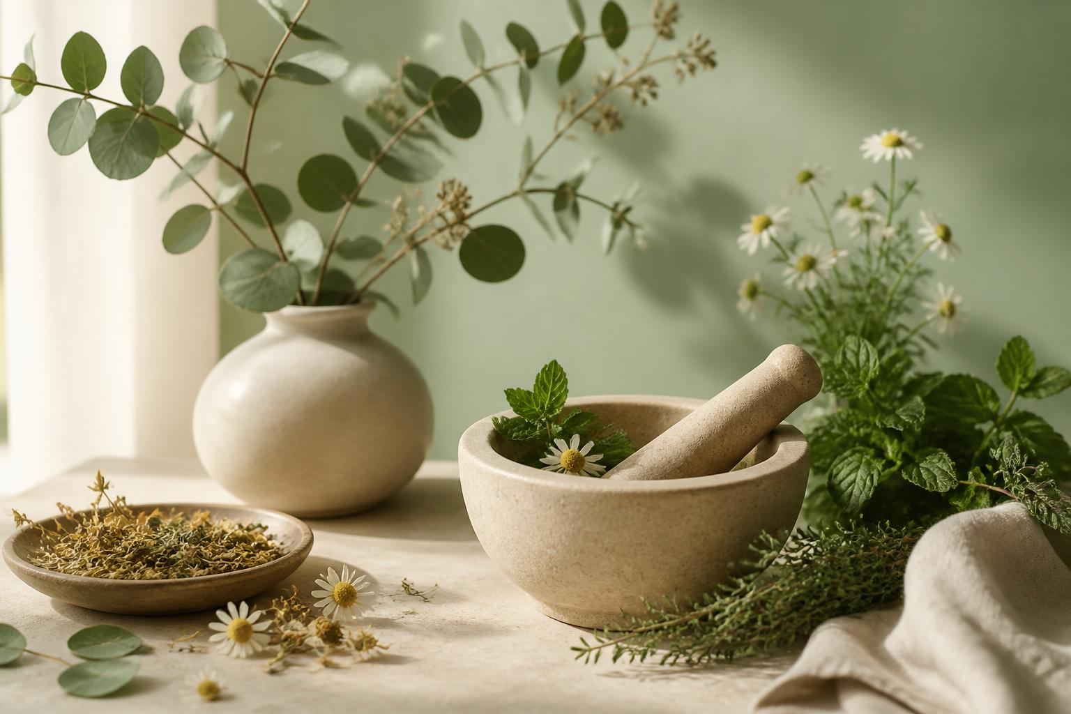 Herbal wellness scene with mortar, pestle, and fresh herbs